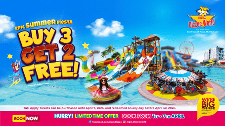 Summer Offer at MGM Dizzee World offering buy 3 tickets get 2 for free. Book your tickets from 1st to 7th April, and redeem them any day before 30th April 2026.