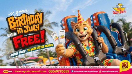 MGM Dizzee World Birthday in July offer promotional poster featuring the park's cartoon mascot by a water slide, with free entry for birthday guests during July.