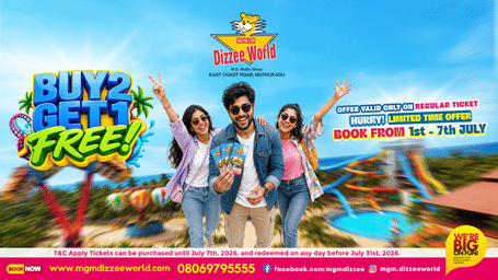 MGM Dizzee World 'Buy 2 Get 1 Free' offer promotional poster featuring three visitors at the amusement park, promoting a limited-time ticket offer.