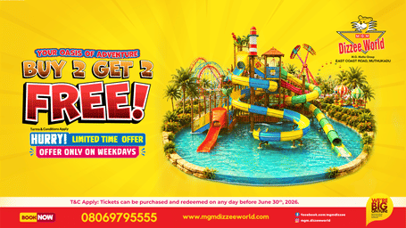 Buy 2 Get 2 Free weekday ticket offer at MGM Dizzee World – aerial view of the waterpark with colourful slides and pools