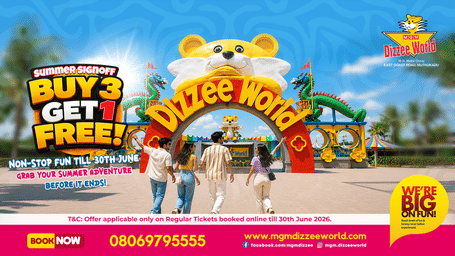 Buy 3 Get 1 Free ticket offer at Dizzee World – families enjoying rides and attractions at the theme park