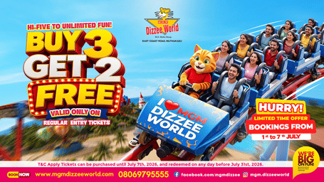MGM Dizzee World 'Buy 3 Get 2 Free' offer promotional poster featuring visitors on a roller coaster, promoting a limited-time group ticket deal.