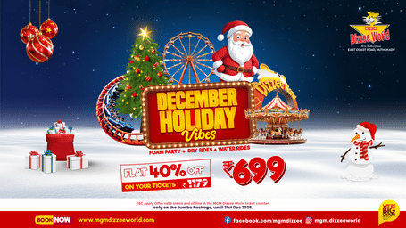 Festive December Holiday Vibes offer at MGM Dizzee World showcasing Rs 699 Jumbo Package with foam party, dry rides, and water rides highlighted.