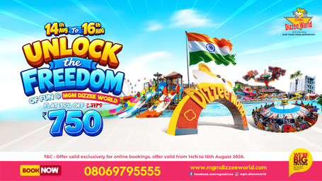 Promotional creative for Independence Day Offer at MGM Dizzee World, offering a flat 35% discount on ticket at INR 750, valid exclusively on online bookings from 14th to 16th August 2026. T&C apply.