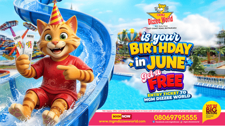 Celebrate your June birthday for free at Dizzee World – mascot at the waterpark with slides and rides in the background
