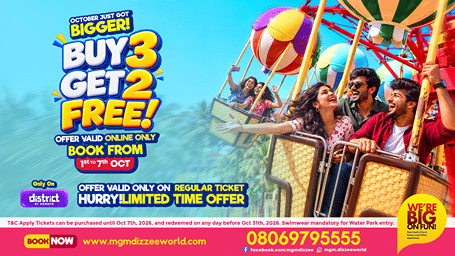 MGM Dizzee World Student Super Saver offer featuring people enjoying in an amusement park and offer details.