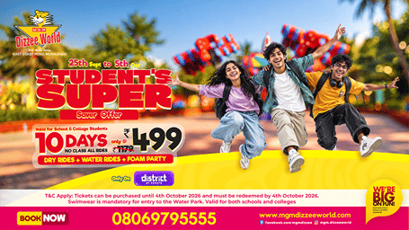 MGM Dizzee World Student Super Saver offer featuring three students, amusement park rides and offer details.