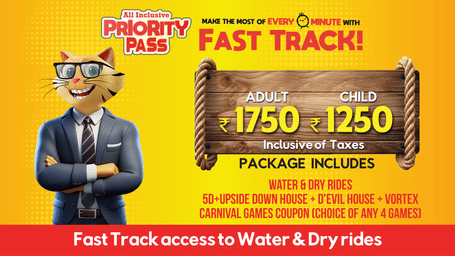 Priority Pass Fast Track package banner offering INR 1750 adult and INR 1250 child tickets with access to water and dry rides at MGM Dizzee World