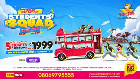 Student Squad offer at MGM Dizzee World! College students get 5 tickets for just INR 1,999, with dry rides, water rides and a foam party.