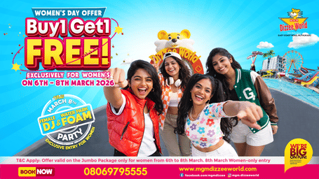 Festive Women’s Day poster featuring smiling women at a water park with Buy 1 Get 1 Free offer, DJ foam party, and event details.