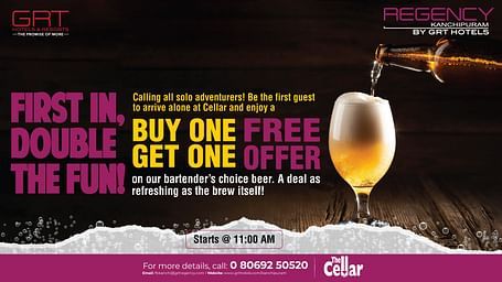 The image showcases a Buy One, Get One Free beer offer at The Cellar, Regency Kanchipuram