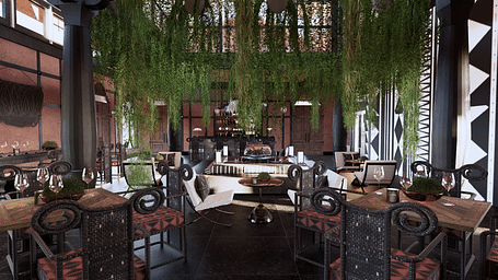 A lounge area with tables and chairs, hanging plants, and a bar counter in the background - Rhino and River BluSalzz Collection, Pobitora