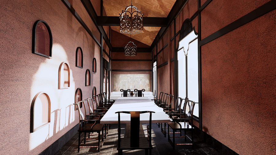 A long dining table with chairs in a room featuring arched cutouts and a chandelier - Rhino and River BluSalzz Collection, Pobitora