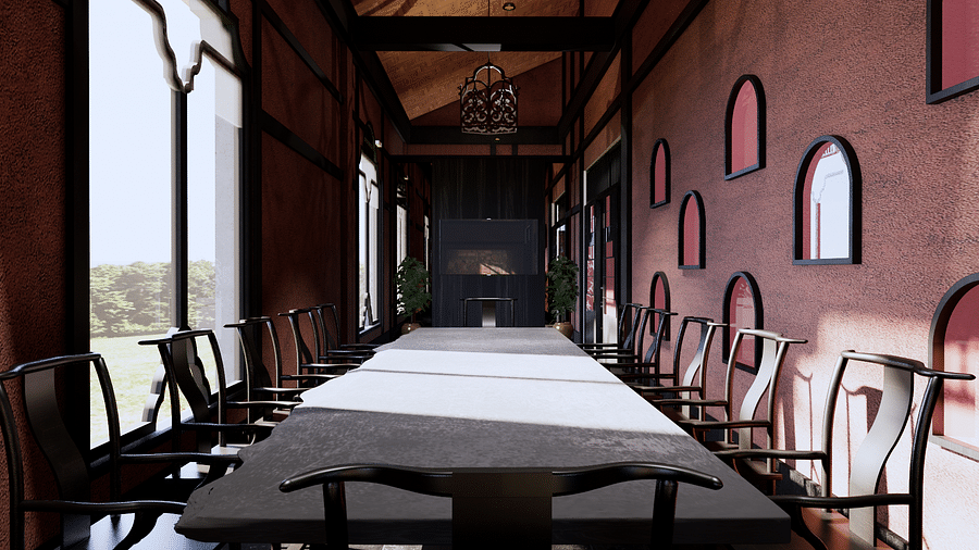 A long dining table with chairs, set in a room with arched windows and decorative wall cutouts - Rhino and River BluSalzz Collection, Pobitora