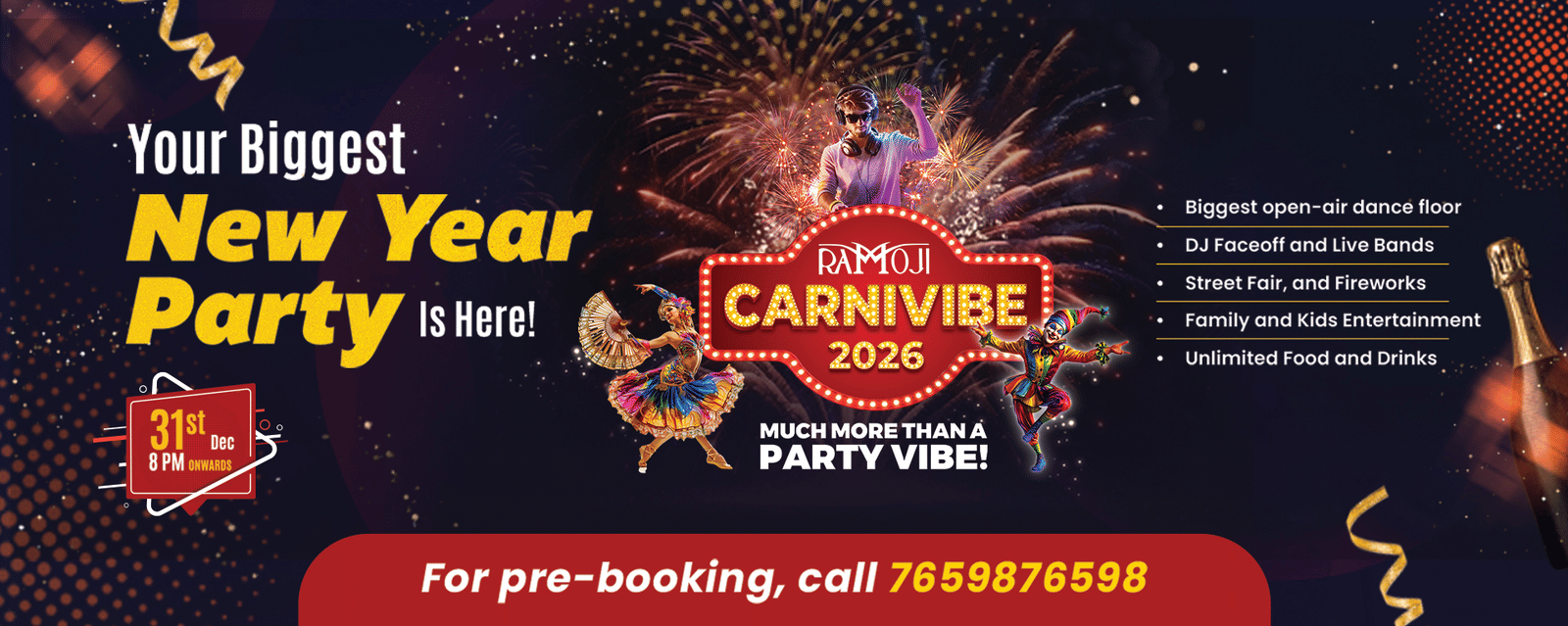 Promotional banner for a New Year party event featuring performers, fireworks, event details at Ramoji Film City