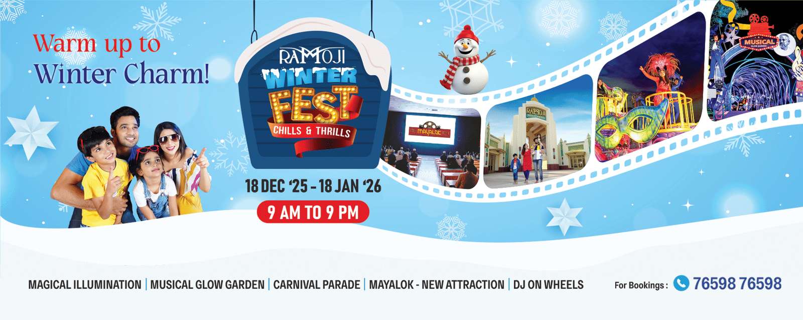 Banner for Winter Festival at Ramoji Film City from 18th Dec 2025 to 18 Jan 2026 featuring family images, attractions, highlights, and a contact number for bookings