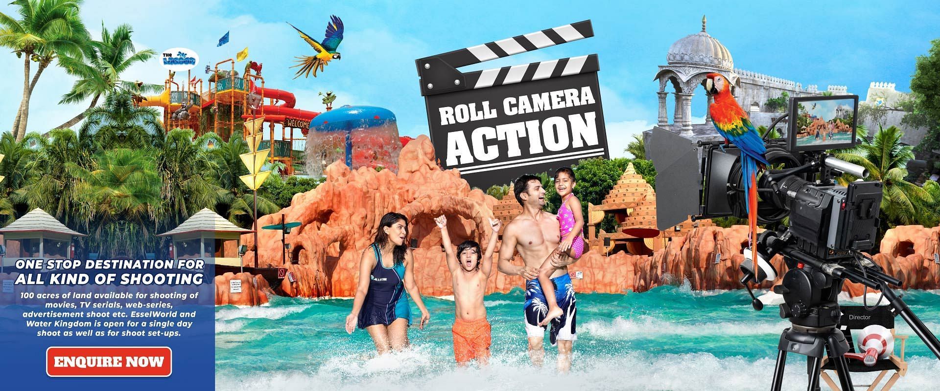 Promotional image for a water park with a Camera Action theme, featuring slides and characters.