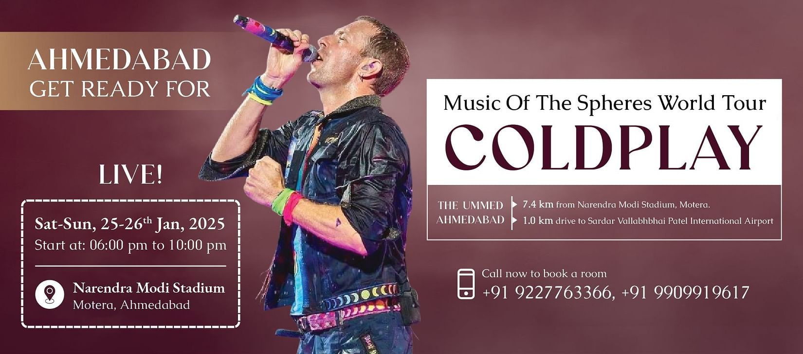 A promotional poster for Coldplay's Music of the Spheres World Tour in Ahmedabad, India. The poster features a photo of Chris Martin, the band's lead singer, and the tour dates and venue details.