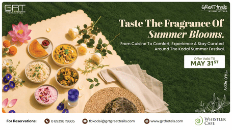 Promotional creative for Floral Fest at GReaT Trails Kodaikanal by GRT Hotels, offering a stay curated around the Kodaikanal Summer Festival, valid till 31st May 2026. 