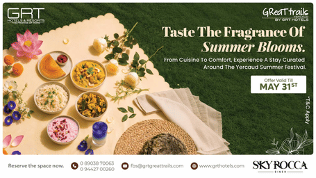 Promotional creative for Floral Fest at GReaT Trails Yercaud by GRT Hotels, offering a stay curated around the Yercaud Summer Festival, valid till 31st May 2026. 