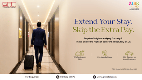 Promotional creative for Zibe Luxe Hyderabad by GRT Hotels featuring a deal to stay for 3 nights and pay for only 2, with added inclusions and validity till 30th September 2026.