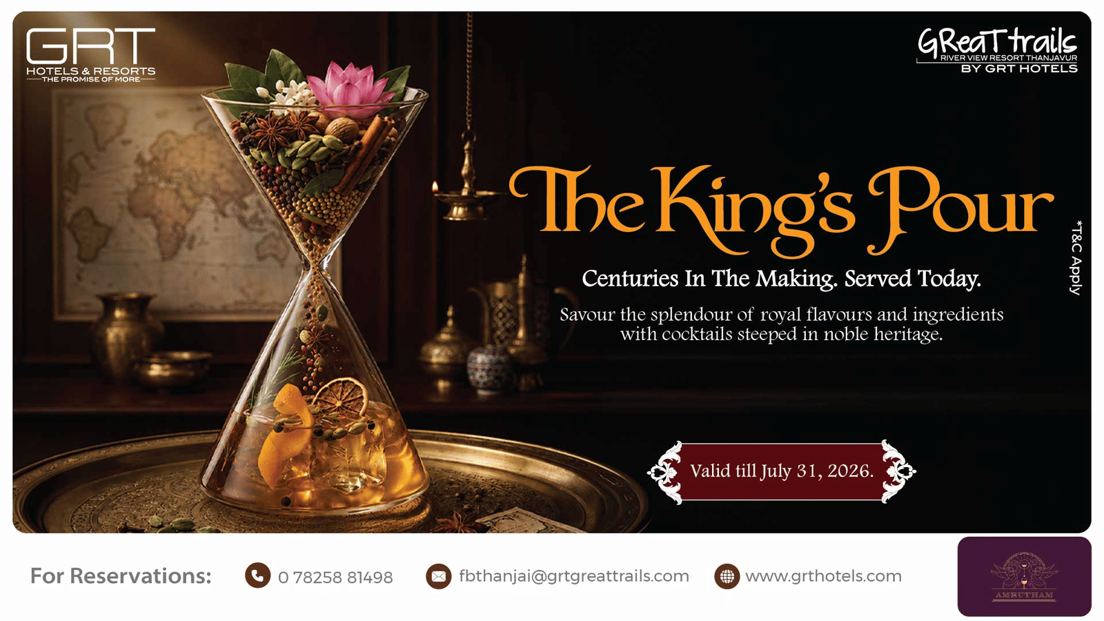 The King's Pour featuring heritage inspired cocktails at GReaT trails River View Resort Thanjavur by GRT Hotels