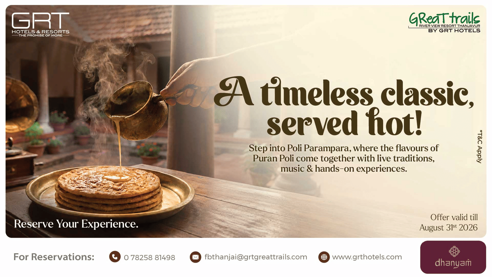 GRT Hotels web banner showcasing a freshly baked pizza with the message A timeless classic served hot encouraging guests to experience delicious cuisine and book a restaurant reservation