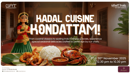 Traditional Thanjavur setting with a seafood feast featuring rice, crab, prawns, and fish served on banana leaves at Dhanyam, GReaT trails Thanjavur.