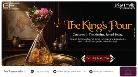 The King's Pour featuring heritage inspired cocktails at GReaT trails River View Resort Thanjavur by GRT Hotels