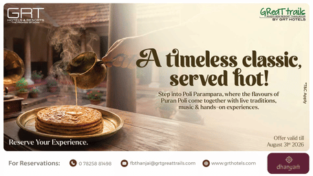 GRT Hotels web banner showcasing a freshly baked pizza with the message A timeless classic served hot encouraging guests to experience delicious cuisine and book a restaurant reservation
