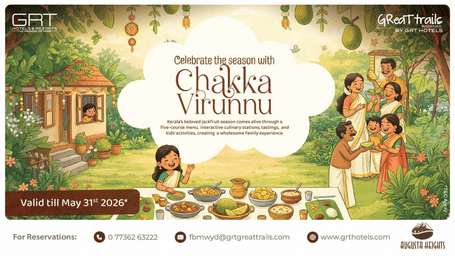 Family enjoying Chakka Virunnu with jackfruit dishes and festive setting at GReaT trails Wayanad