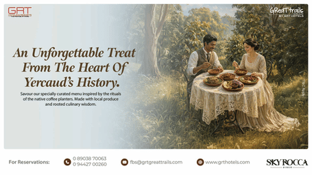 Couple enjoying a curated meal inspired by native coffee planters surrounded by greenery reflecting Yercaud’s heritage dining experience