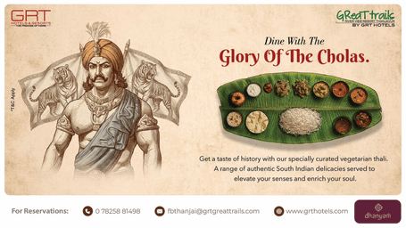 Chola king illustration with a South Indian vegetarian thali on banana leaf at GReaT trails River View Resort Thanjavur