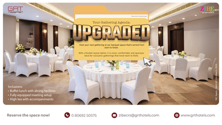 Promotional banner for ZIBE Salem by GRT Hotels highlighting executive gatherings with a banquet setup and the headline Your Gathering Agenda Upgraded.