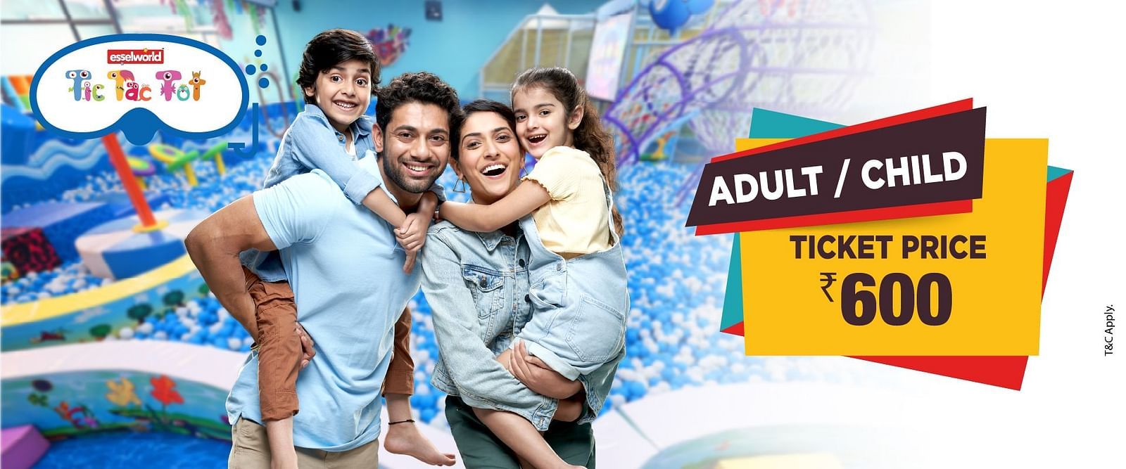     A promotional banner displaying a special adult and child ticket price of ?600, featuring a happy group enjoying water park rides and attractions.