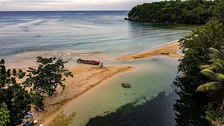 An aerial view of a secluded beach where a narrow strip of sand meets the water, surrounded by lush greenery.