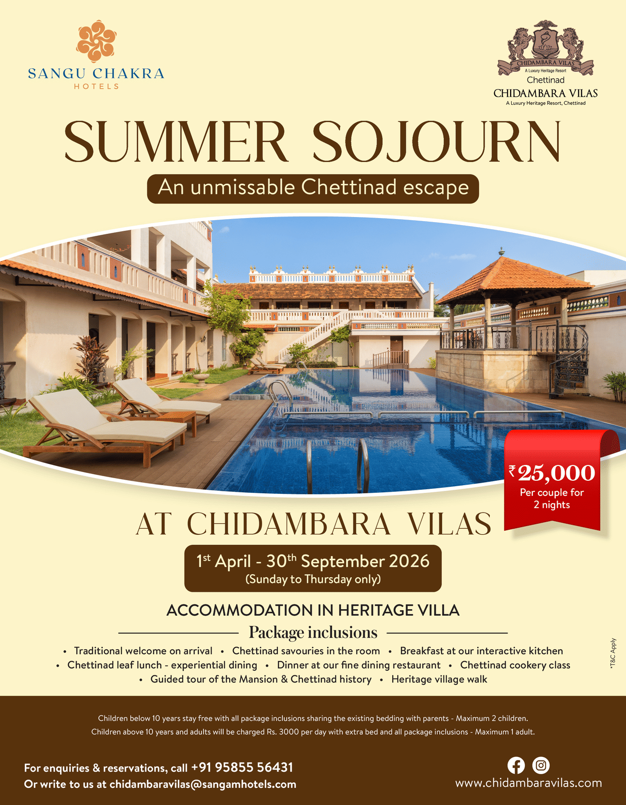 A promotional banner for Chidambara Vilas showcasing a heritage villa with a central swimming pool, lounge chairs, and traditional Chettinad architecture, highlighting a summer offer for stays from April to September 2026 with package inclusions and pricin