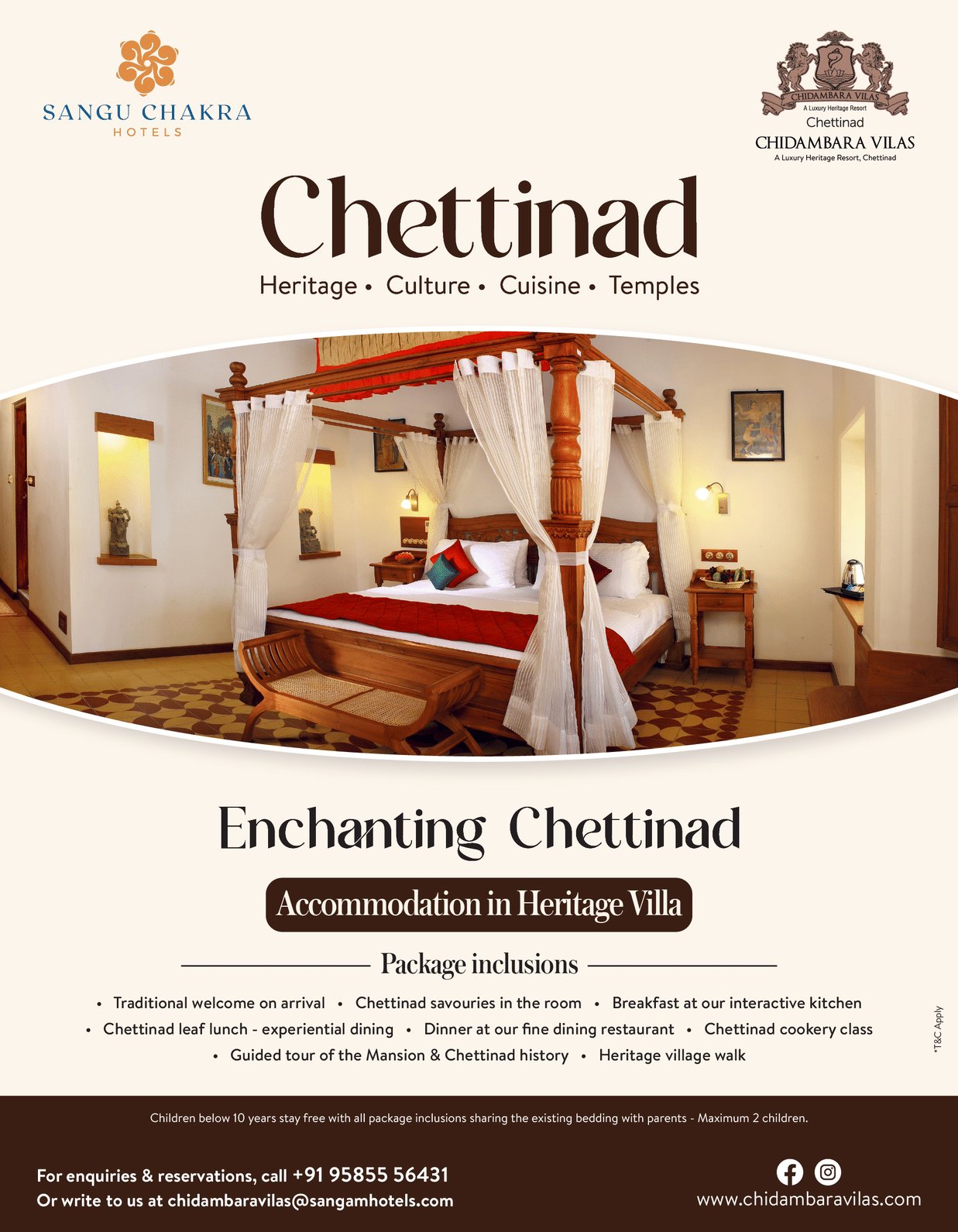A promotional poster for Chidambara Vilas displaying an interior room with wooden furniture and traditional decor, titled Enchanting Chettinad with inclusions and offer details.