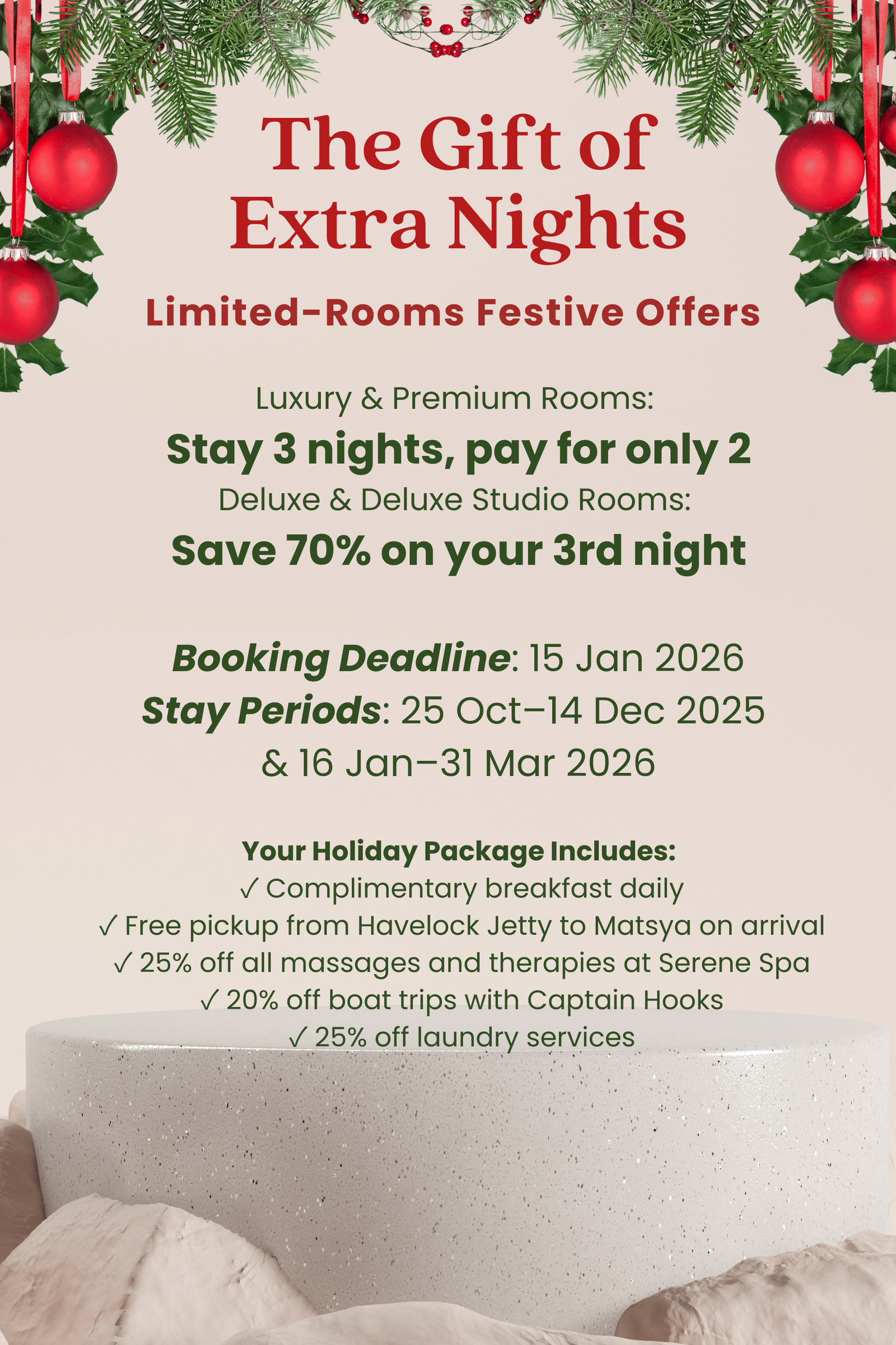 Festive offer poster with red ornaments, highlighting “Stay 3 nights, pay for only 2” and 70% off on 3rd night | Matsya Island Retreat by Island Quest