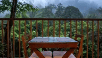 Outdoor table and chairs on a balcony with a scenic forest view. - Abad Brookside Lakkidi, Wayanad