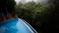 A curved pool edge shows mist in the background, creating a serene atmosphere. - Abad Brookside Lakkidi, Wayanad