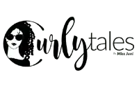 Logo with a black and white illustration of a woman in sunglasses and stylised text reading Curly Tales by Miss Jani.