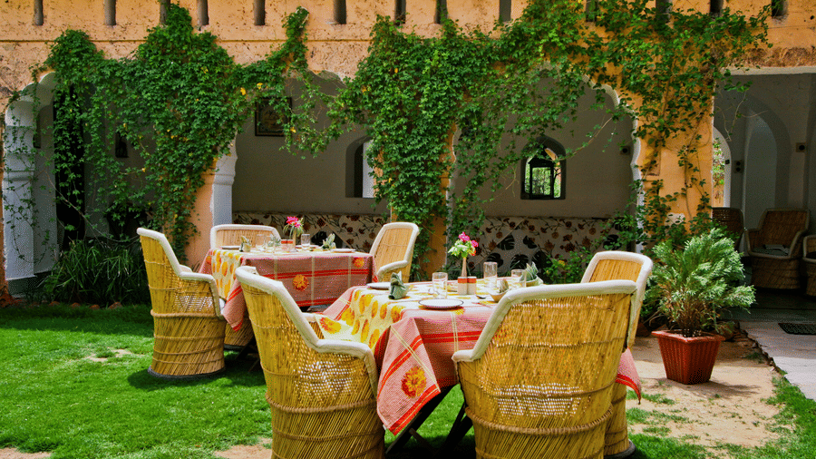 The outdoor dining arrangement of our Restaurants in Alwar at Hill Fort-Kesroli 