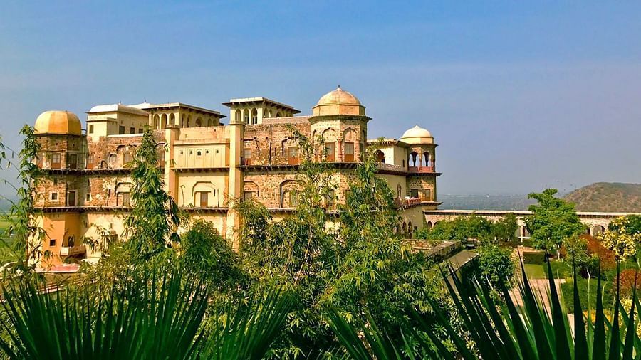 Facade shot of Tijara Fort-Palace - 19th Century, Alwar with clear blue sky in the background.