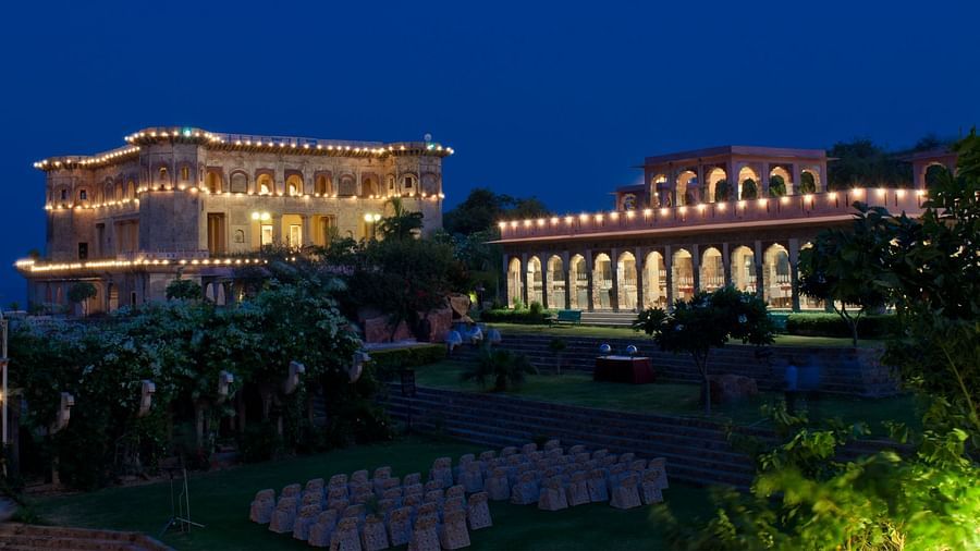 Facade shot of Tijara Fort-Palace - 19th Century, Alwar with night sky in the background.