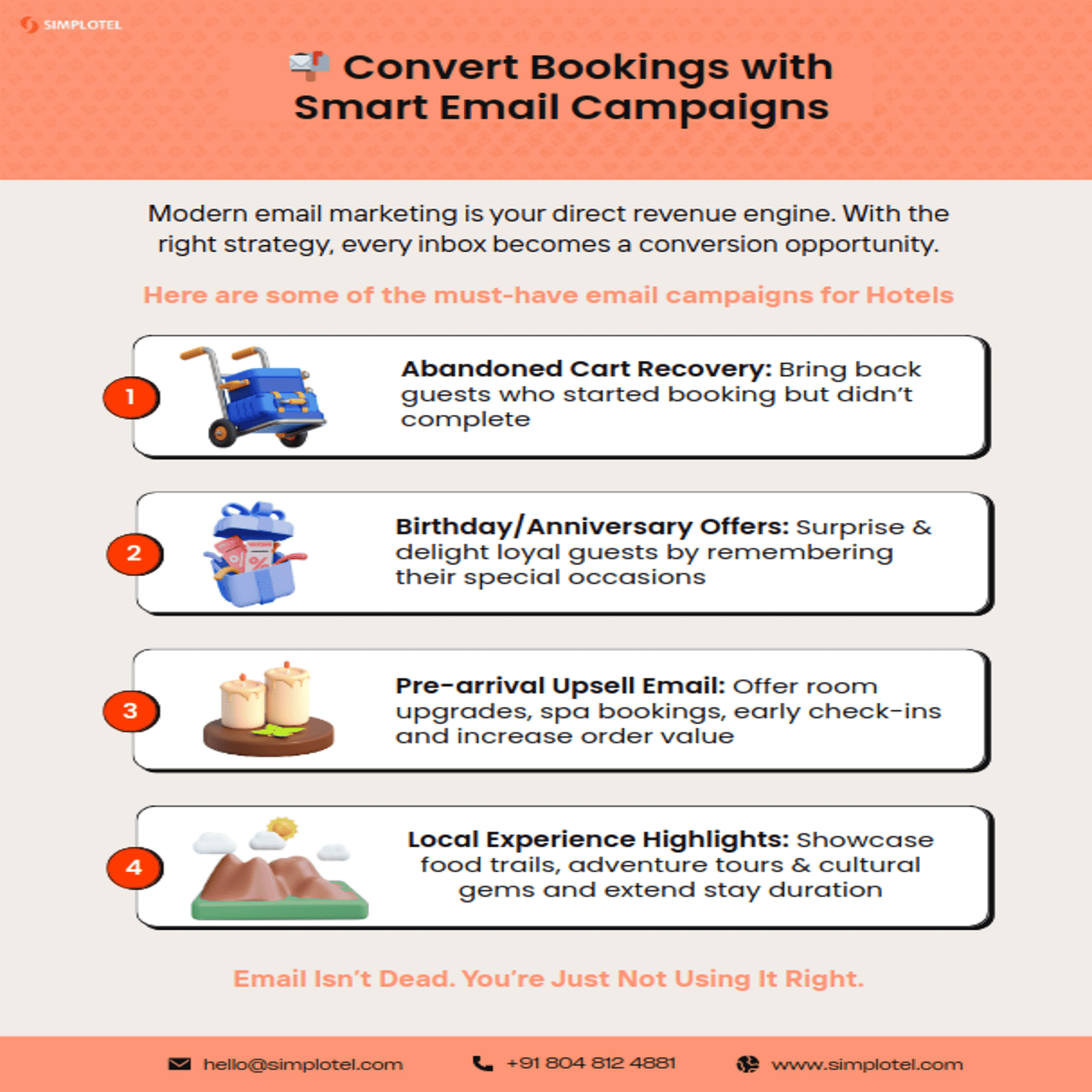 Simplotel email campaign tips for hotels including cart recovery, upsell offers and local experience promotions.