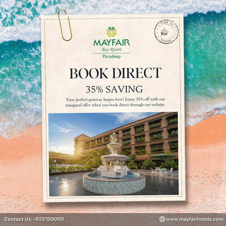 Inaugural Offer at Mayfair Bay Resort Paradeep offering 35% discount on direct website booking. The creative also features a beachside and a fountain near multi storey building with plants.