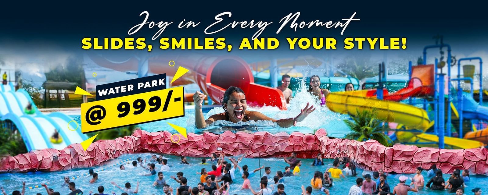 Diamond Parks, Pune showcases crowd enjoying thrilling slides and a wave pool with entry starting at just Rs.c999
