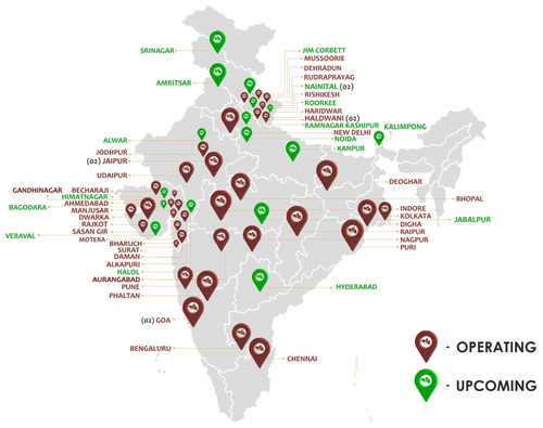 Indian Map with all the locations pinned for Pride Hotel Groups