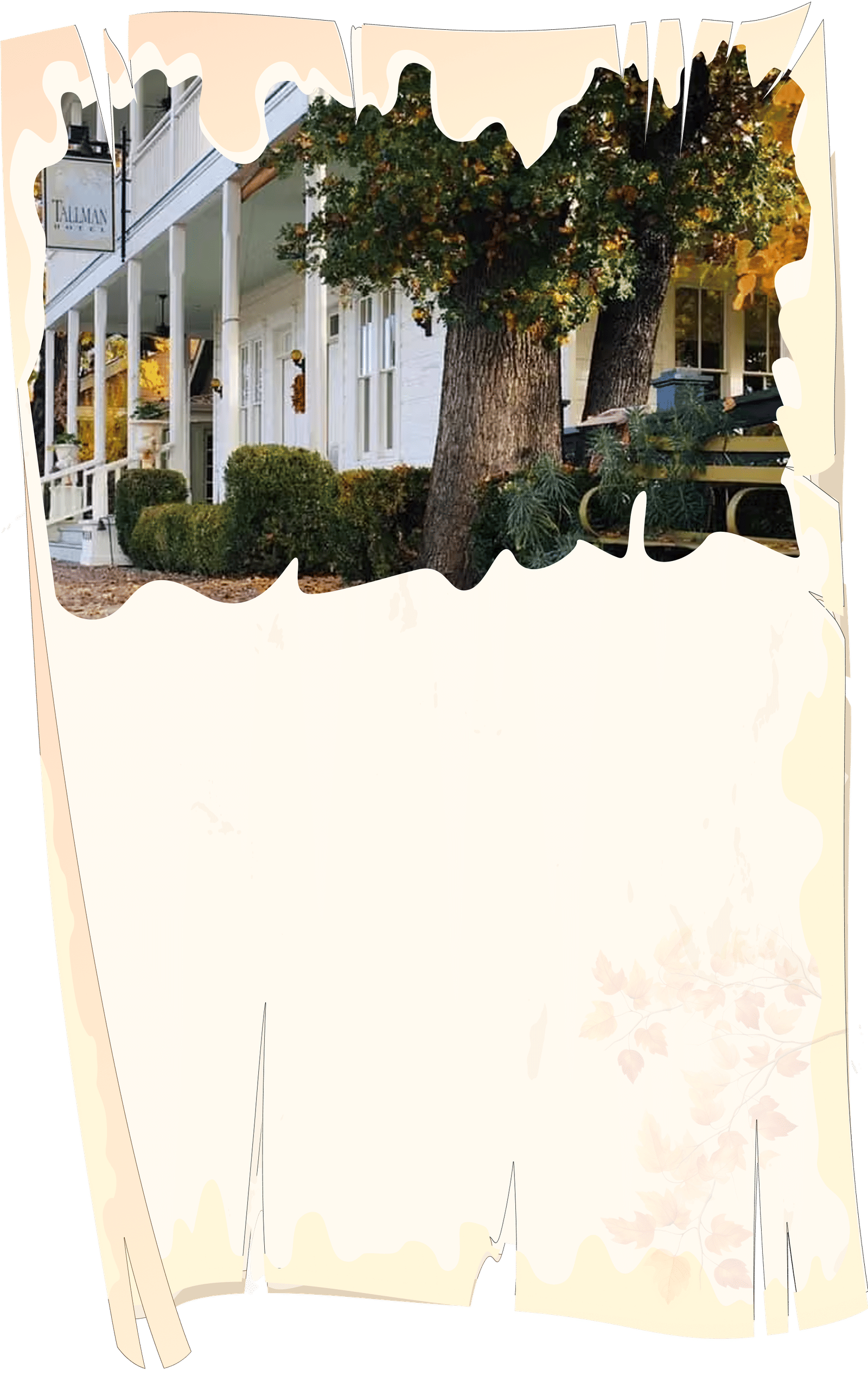 An illustration of a coffee-stained paper with an uneven cut-out of the hotel exterior on it.